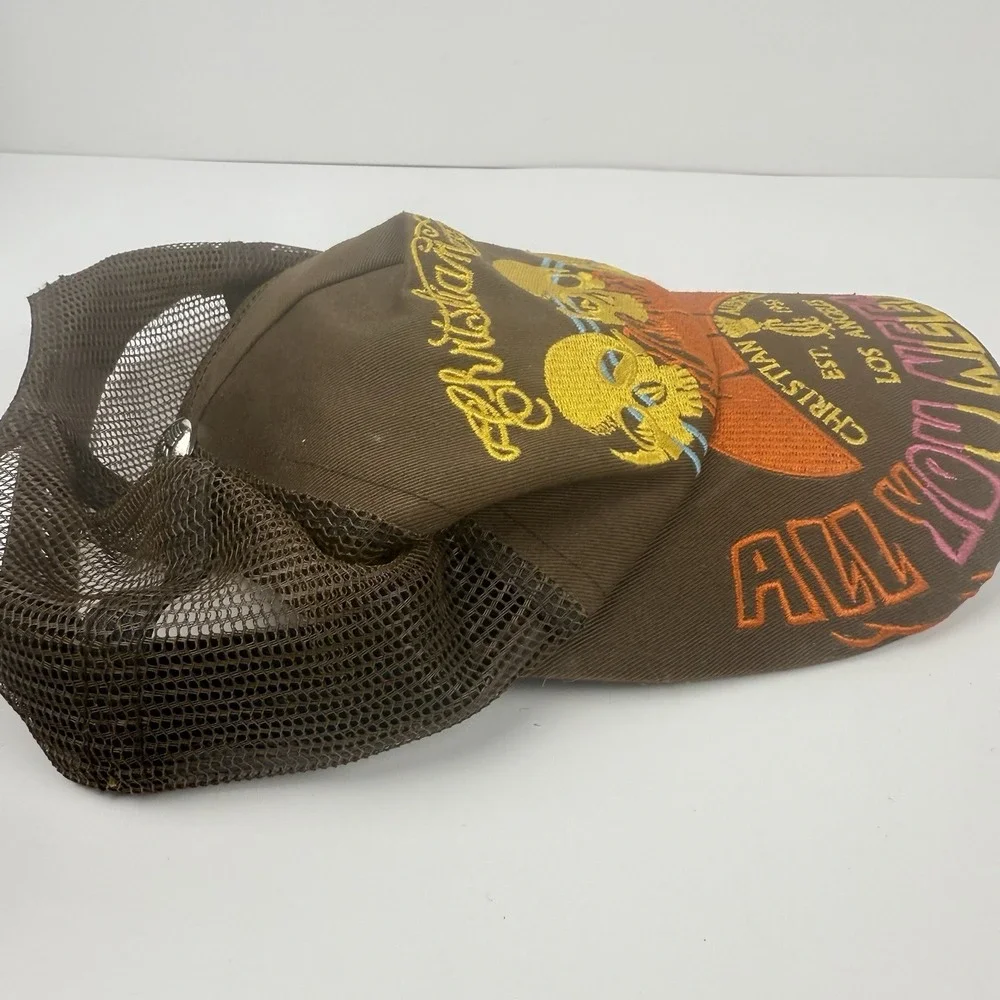 Christian Audigier Hat Embroidered Snapback Trucker Cap Brown Skulls Love LA